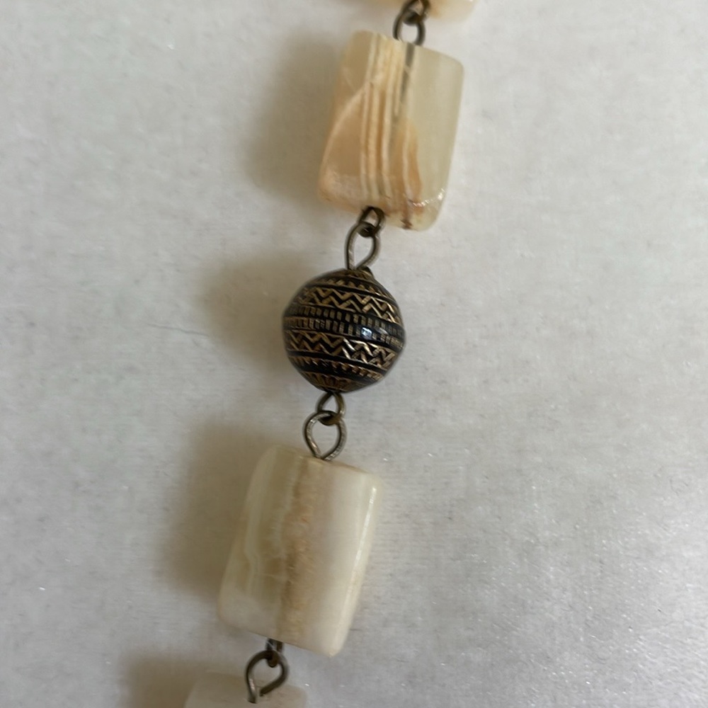 HAND CRAFTED Boho Statement Necklace Antiqued Brass & Italian Onyx White Cream - Picture 7 of 10